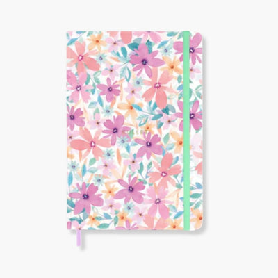 Cuaderno Bullet Journal Mari con tapa dura floral y cierre elástico colorido.