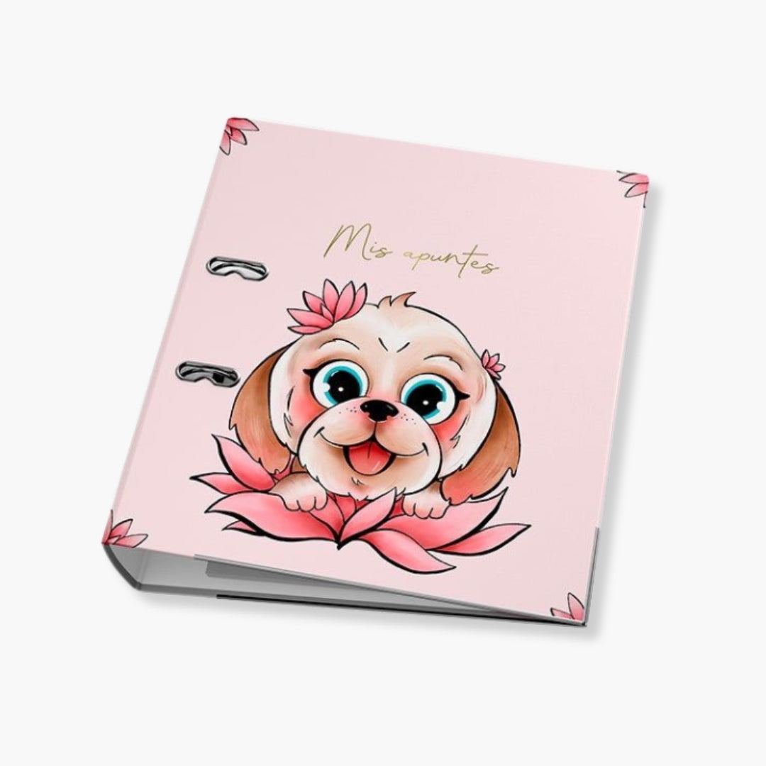 Archivador A4 Hannai Lotus Dog, diseño de perro y flor de loto, cartón duro, dos anillas.