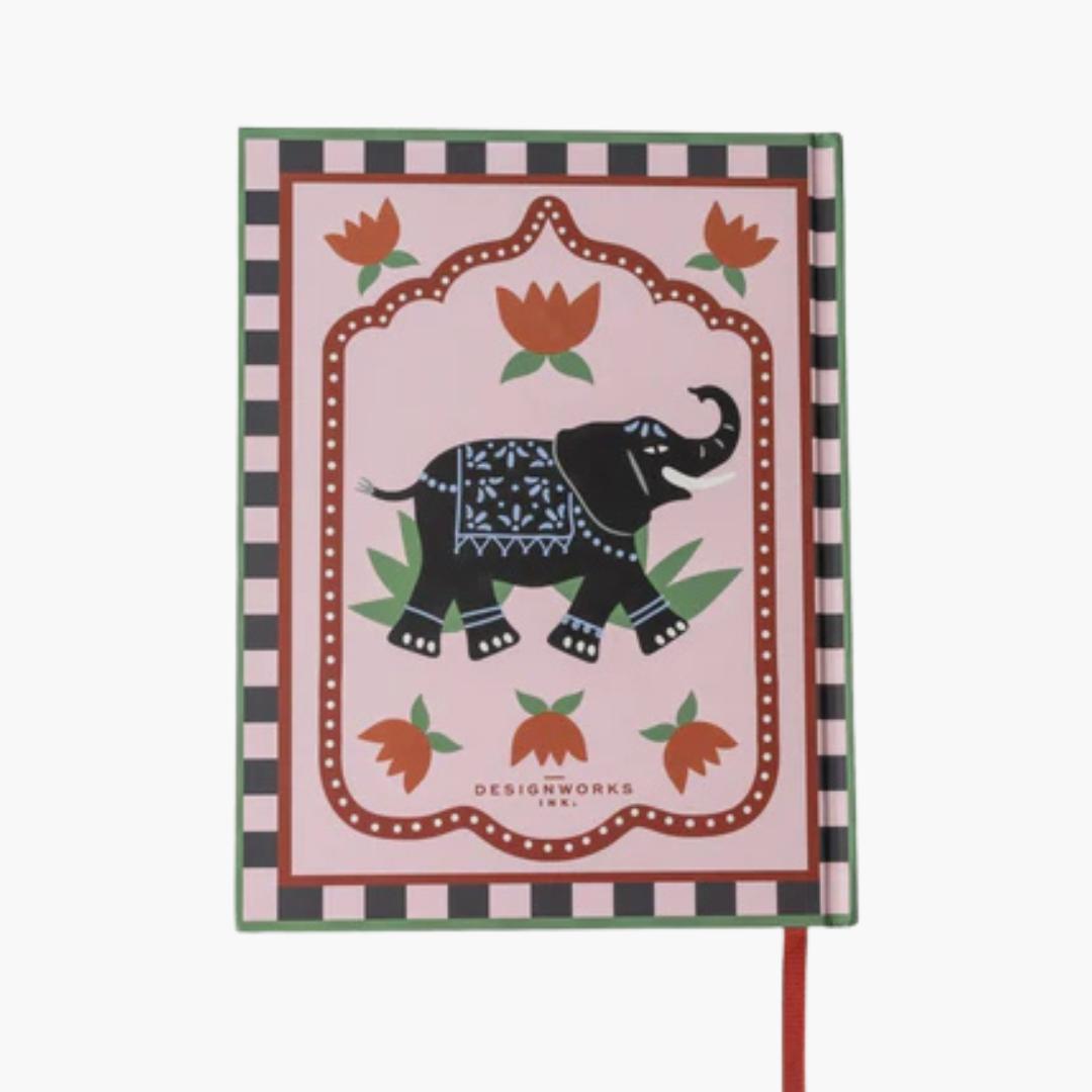 trasera de cuaderno A5 con diseño de elefante y flores
