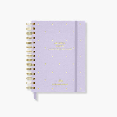 Cuaderno Entelado "Apuesta Por Ti" con tapas lila y detalles en dorado, diseño elegante y funcional A5.
