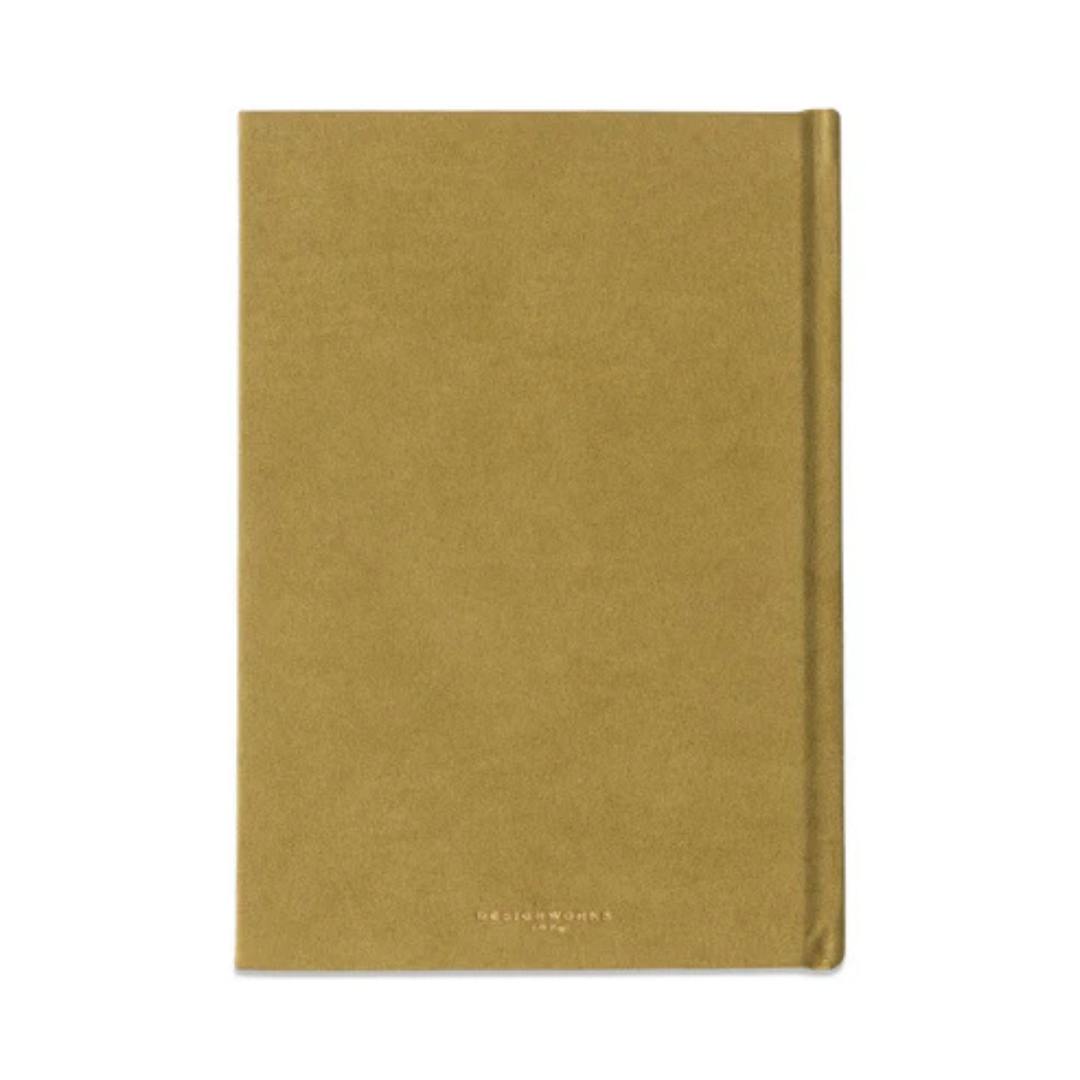 trasera cuaderno a5 color aguacate con formas geométricas grabadas en dorado
