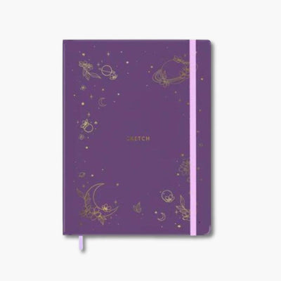 cuaderno skecht con portada morada y detalles dorados con goma de cierre