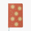 portada de cuaderno con tapa entelada en color terracota con diseño de soles