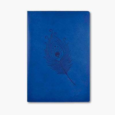 cuaderno A5  con portada azul y grabado de pluma 