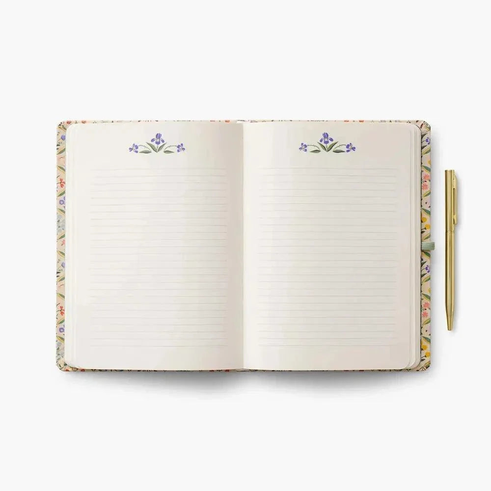 Diario personal Estee con bolígrafo, diseño floral, tapa dura, detalles dorados.