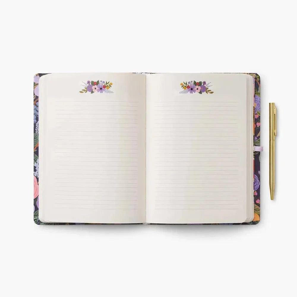 Diario Personal con bolígrafo Garden Party de Rifle Paper Co, diseño floral y detalles dorados, interior pautado.