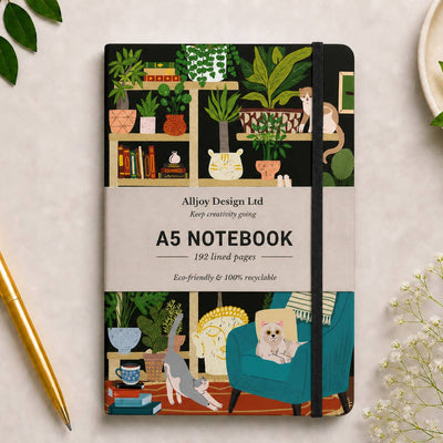 Cuaderno A5 Alljoy Design Cats & Curiosities con gatos entre libros y plantas