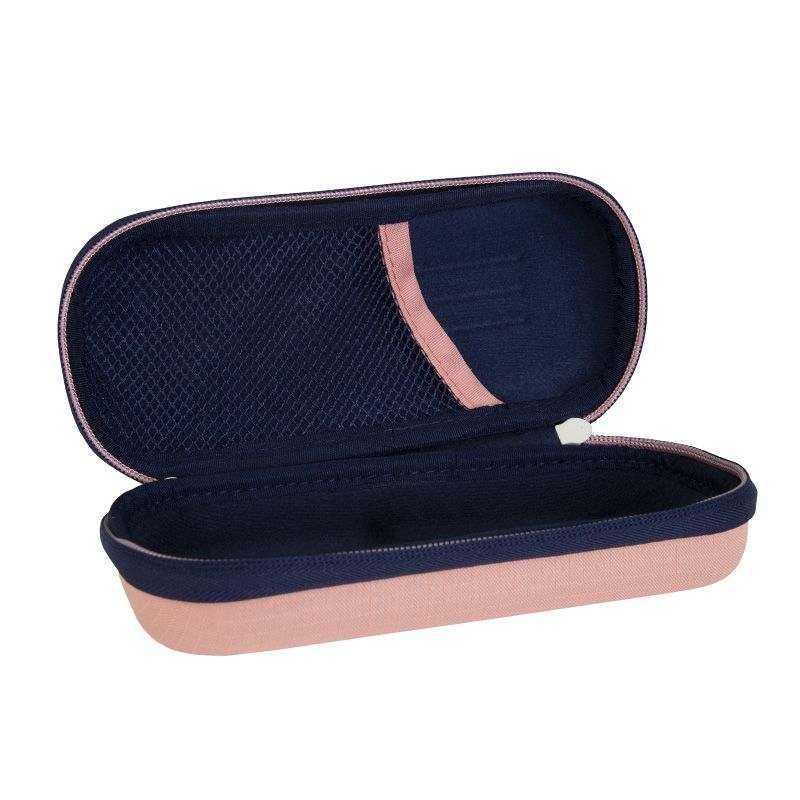 Estuche portatodo rígido rosa Milan 1918 con compartimentos y diseño semirrígido para protección.