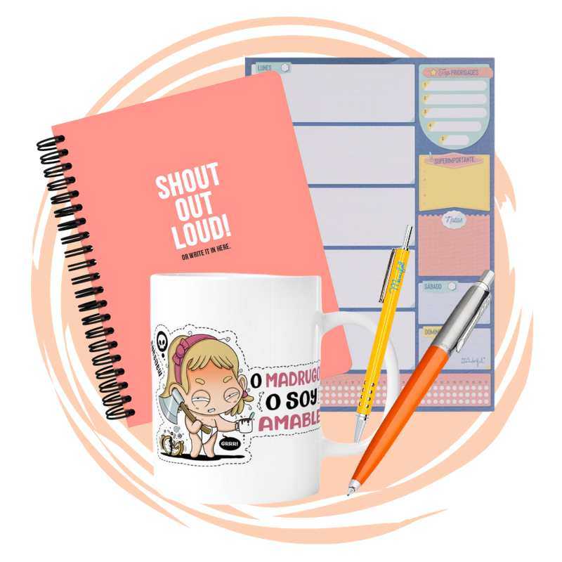 set regalo de papelería con cuaderno, planificador y taza con ilustración divertida