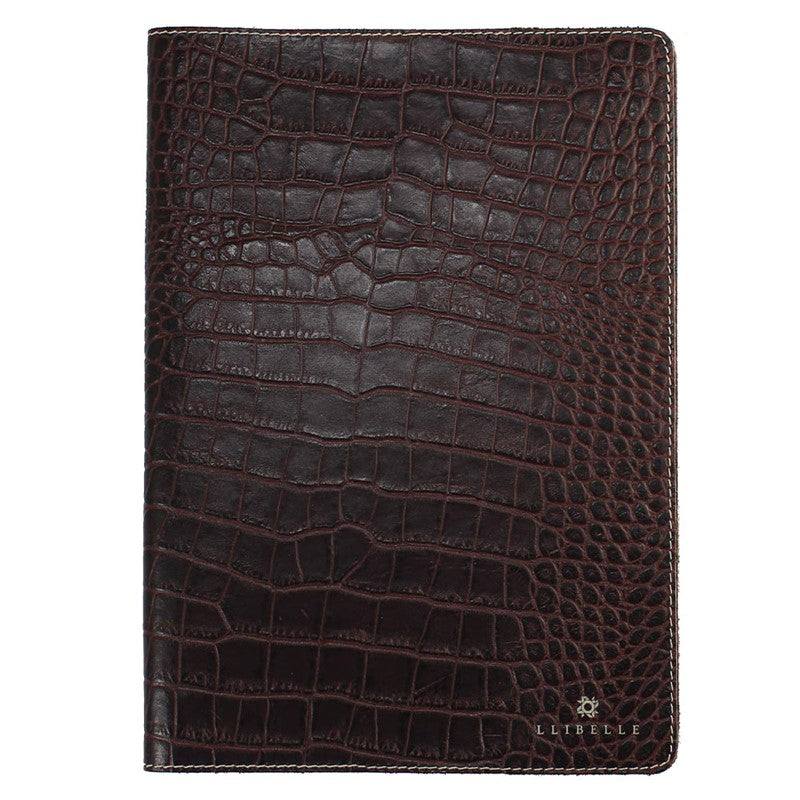 Libreta de piel de cocodrilo hecha a mano, artesanía española, en marrón oscuro.