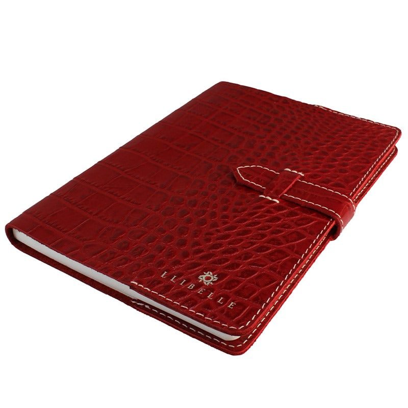 Libreta de piel con dibujo de cocodrilo roja, hecha a mano en España, 128 páginas lisas, eco-friendly.