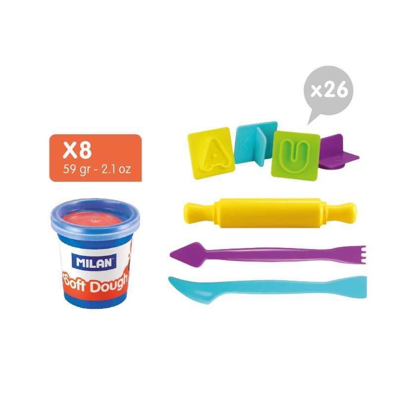 Maletín educativo Soft Dough "Abecedario" con 8 colores de pasta modelar y 26 moldes de letras para aprender el alfabeto.