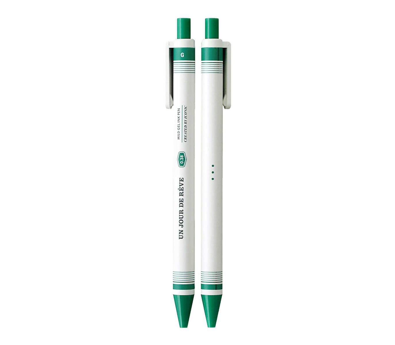 Bolígrafos de tinta gel 0.38mm Iconic en color verde con diseño retro minimalista.