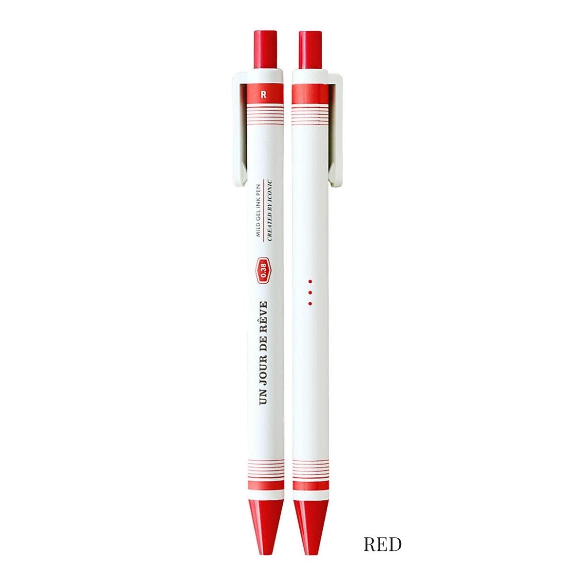 Bolígrafos de tinta gel 0.38mm Iconic en color rojo, diseño retro minimalista.