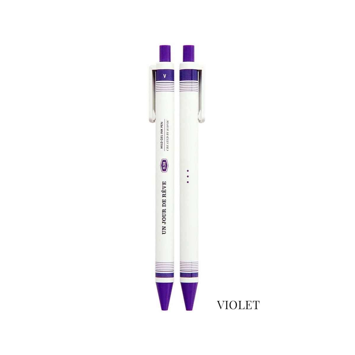 Bolígrafos de tinta gel 0.38mm Iconic en color violeta, diseño retro minimalista.