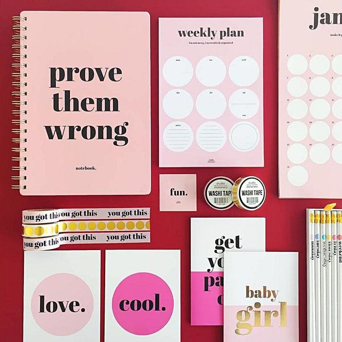 Libreta Prove Them Wrong con diseño inspirador rosa y espiral dorada, ideal para notas creativas y motivación diaria.