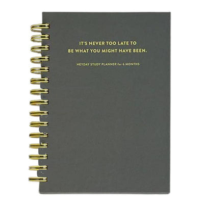 Planificador de Estudios ICONIC HeyDay con tapa dura y anillas amarillas, diseño moderno en gris antracita, tamaño compacto, incluye pegatinas.