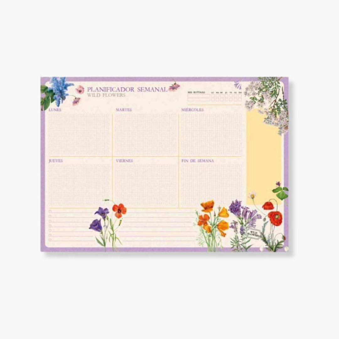 Planificador Semanal Wild Flowers con ilustraciones florales y espacios para cada día, tamaño A4, 54 hojas.