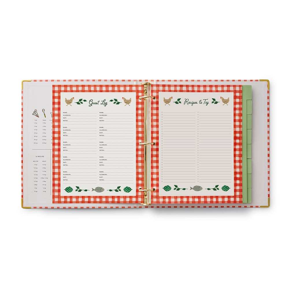 Recetario Cherry Farm de Rifle Paper Co. con tapa dura ilustrada de cerezas, detalles dorados y 15 separadores.