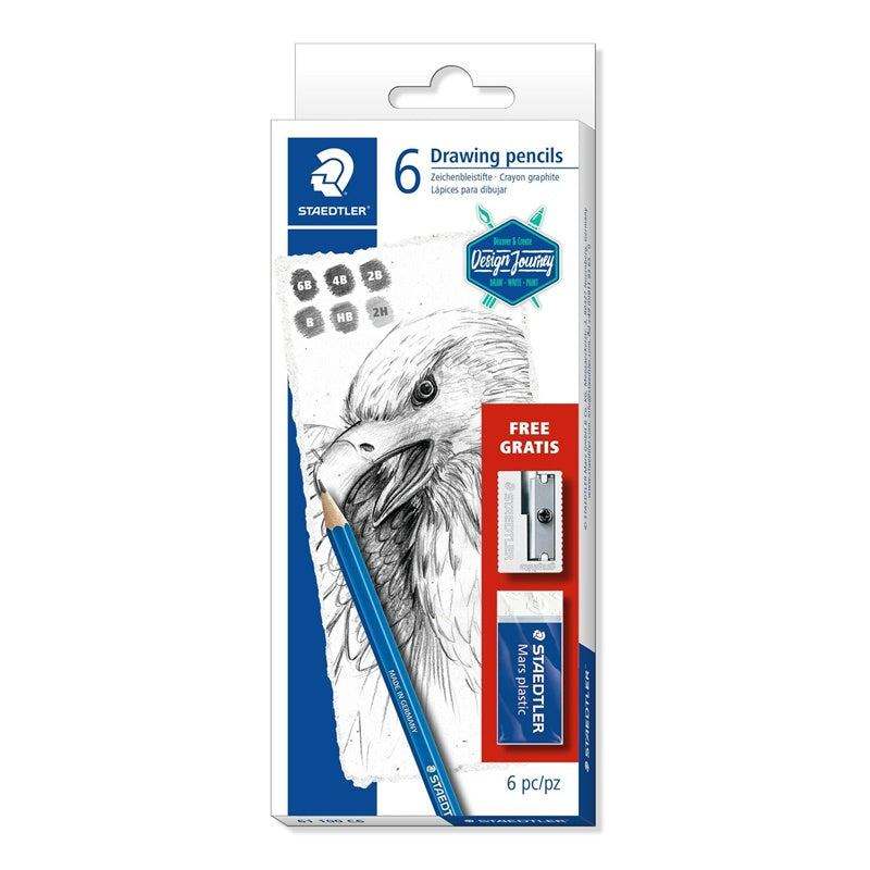 Set de Lápices Lumograph de grafito premium con goma y afilalápices, ideal para artistas y estudiantes.