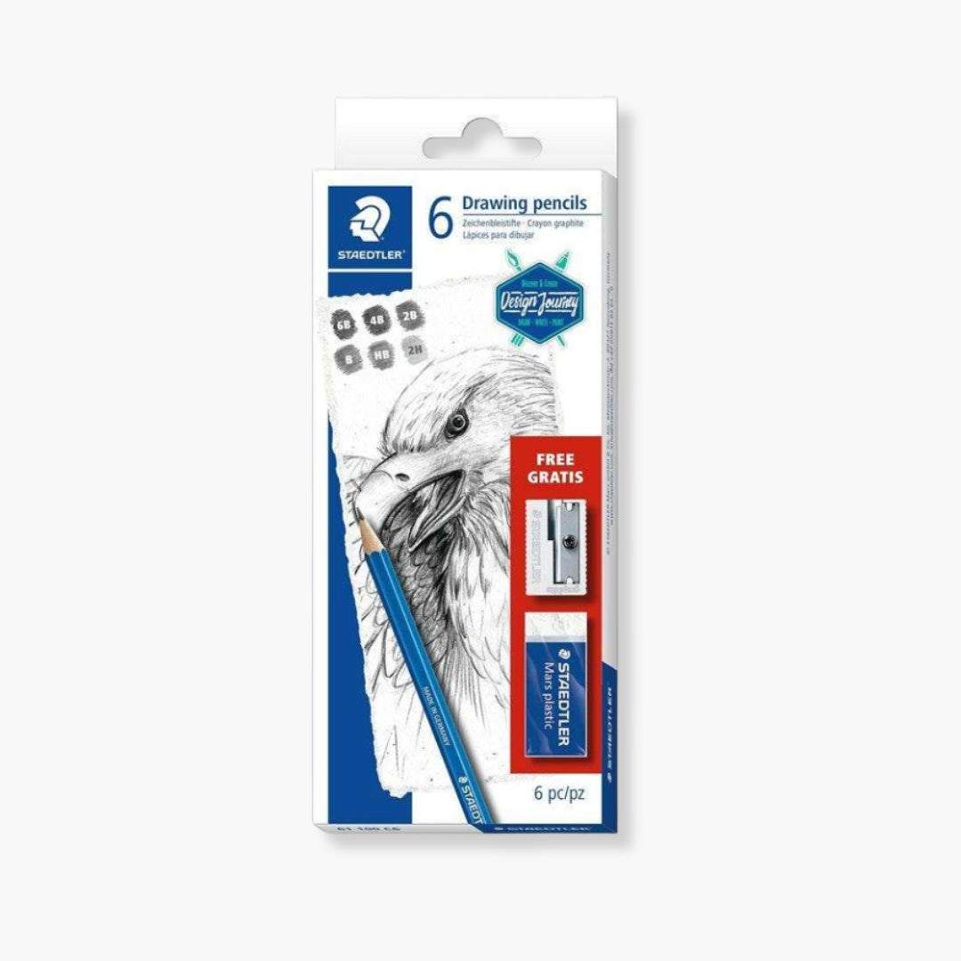 Set de lápices Lumograph STAEDTLER de grafito premium con goma y afilalápices incluido.