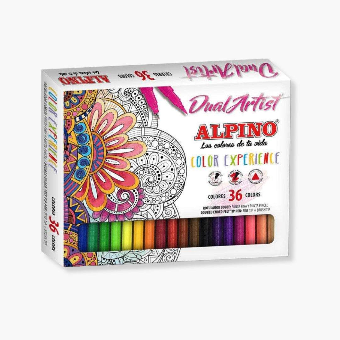 Set de 36 rotuladores doble punta Dual Artist de Alpino Color Experience en caja, mostrando colores surtidos.