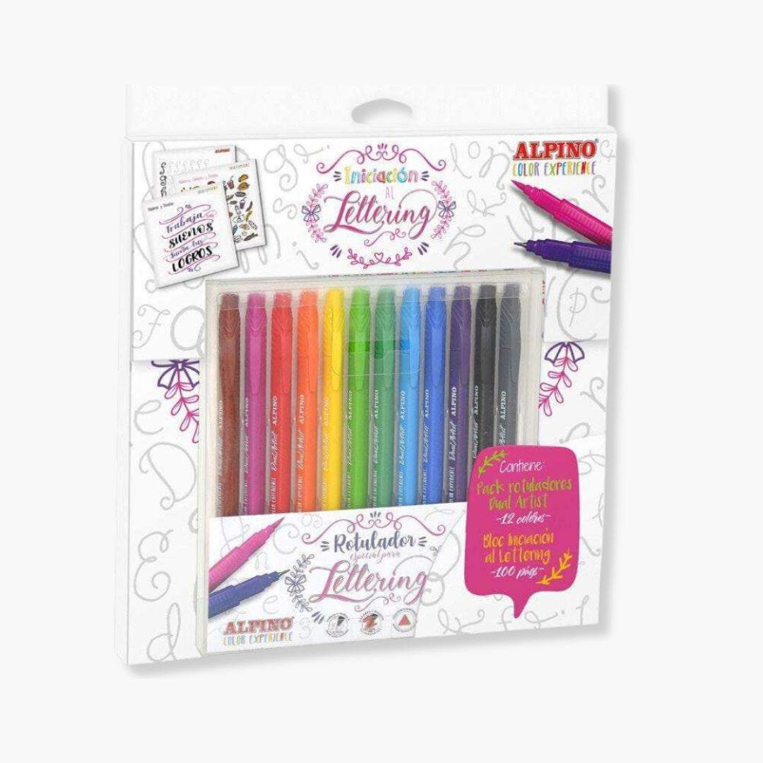 Set Rotuladores Dual Artist con guía de iniciación al lettering, incluye 12 rotuladores de colores surtidos y libro de 100 páginas para aprender técnicas creativas.