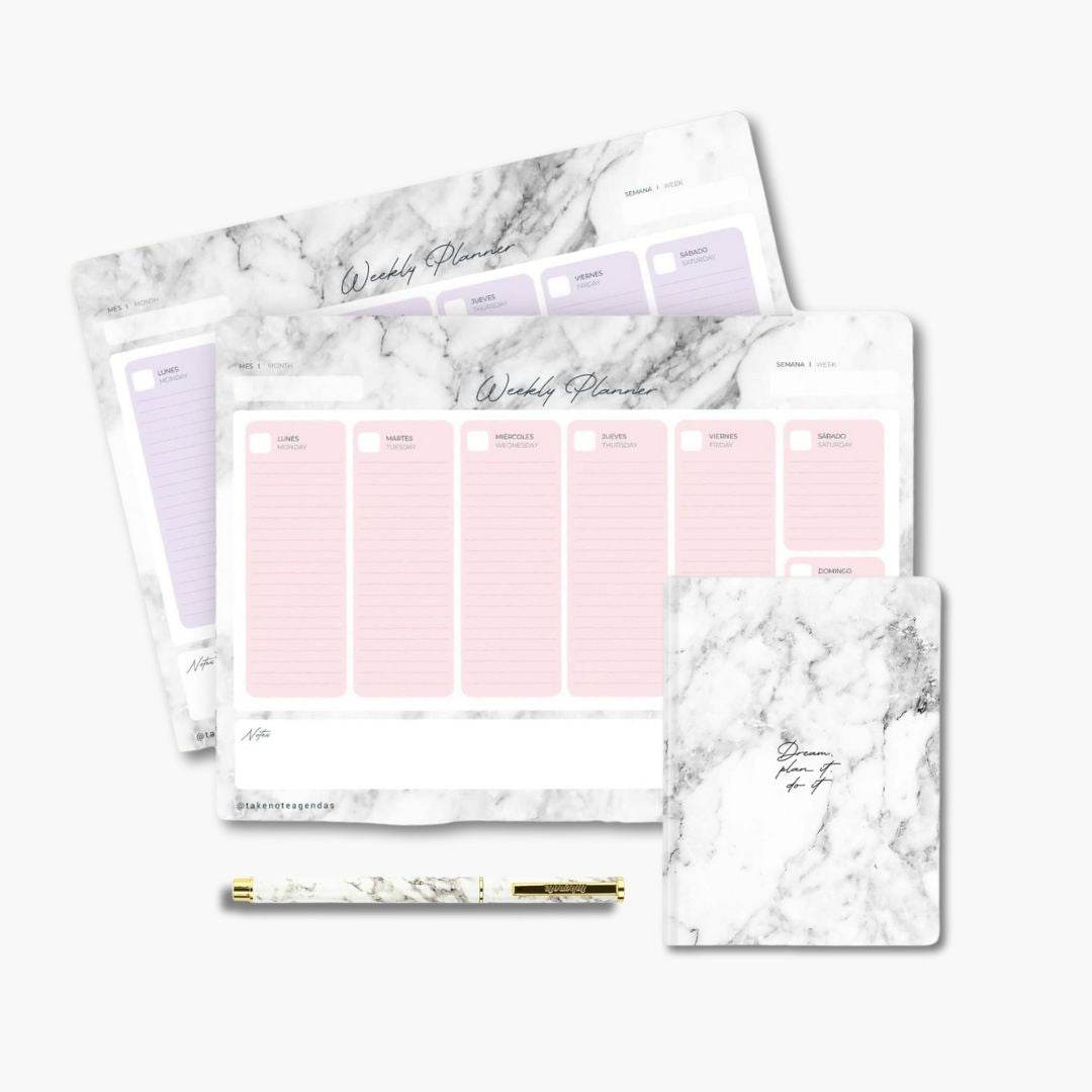 set de papelería con planificador, cuaderno y bolígrafo con diseño mármol