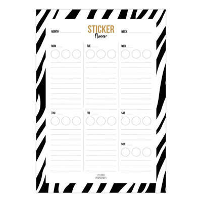 Planner Semanal Sticker Zebra con diseño compacto A5, alta calidad, organización eficiente, durabilidad y portabilidad.