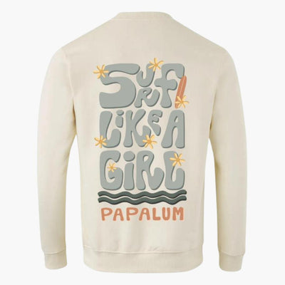 Sudadera PAPALUM Surf Like a Girl color ivory con estampado "Surf Like a Girl" en tonos pastel y logotipo discreto.