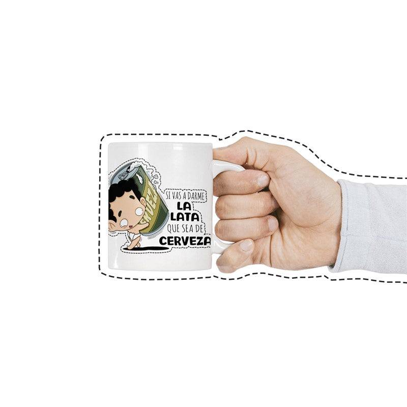 Taza de cerámica divertida "Lata Cerveza" con capacidad de 360 ml, apta para microondas y lavavajillas.