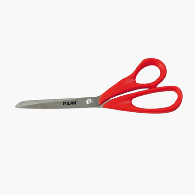Tijeras de oficina de 20 cm con mango rojo y hoja de acero inoxidable.