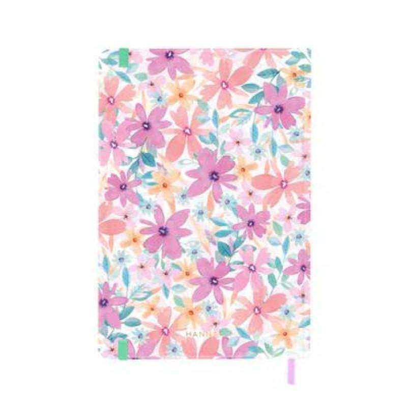 Cuaderno Bullet Journal Mari con tapa dura floral y detalles dorados.