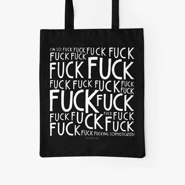 Bolsa tote de tela de algodón negra con diseño de texto "Fuck".