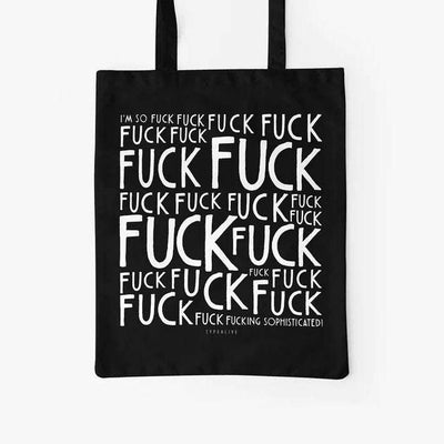 Bolsa tote de tela de algodón negra con diseño de texto "Fuck".