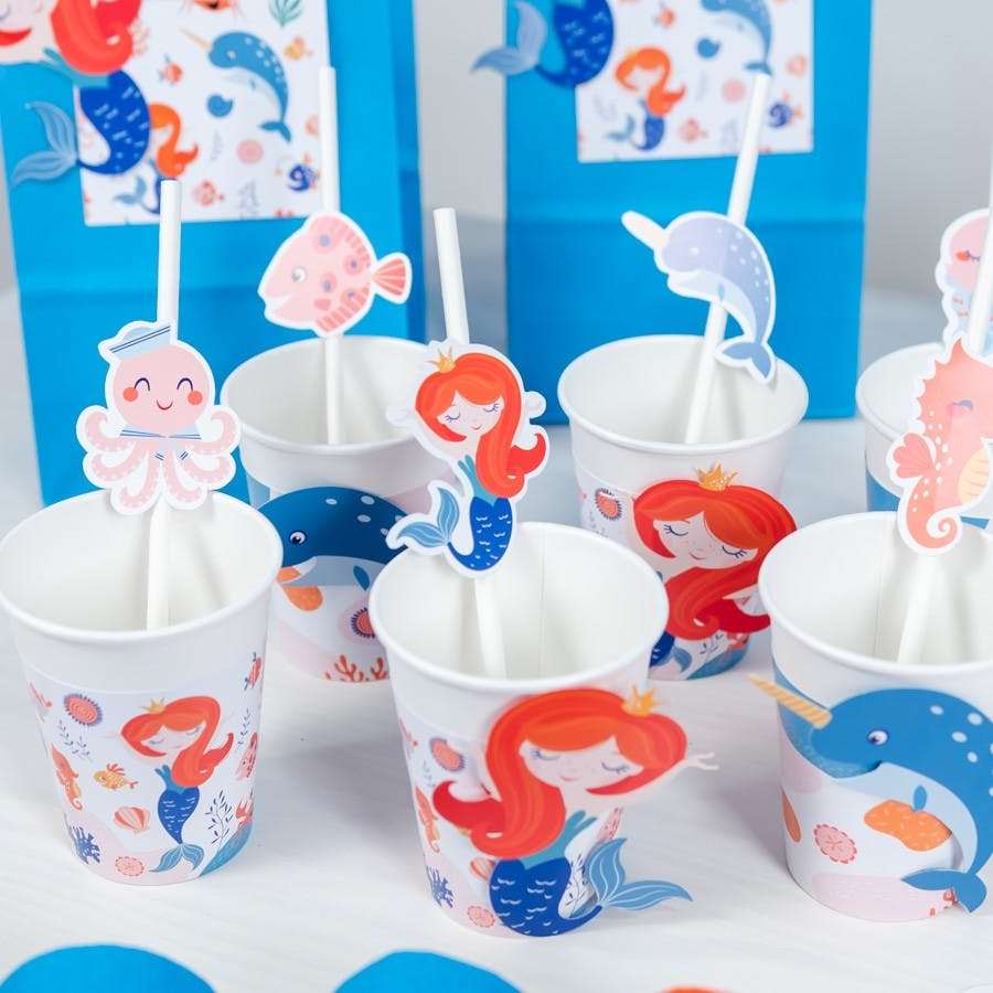 vasos desechables para fiesta infantil con sirenas y detalles marinos