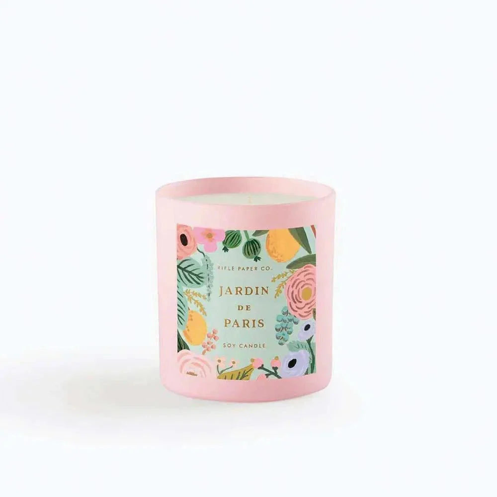 Vela perfumada Jardín de Paris en recipiente de vidrio pintado con diseño floral.