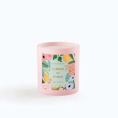 Vela perfumada Jardín de Paris en recipiente de vidrio pintado con diseño floral.
