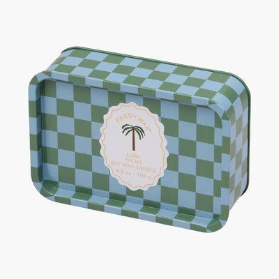 lata con vela con diseño de cuadros en colores verdes y azules